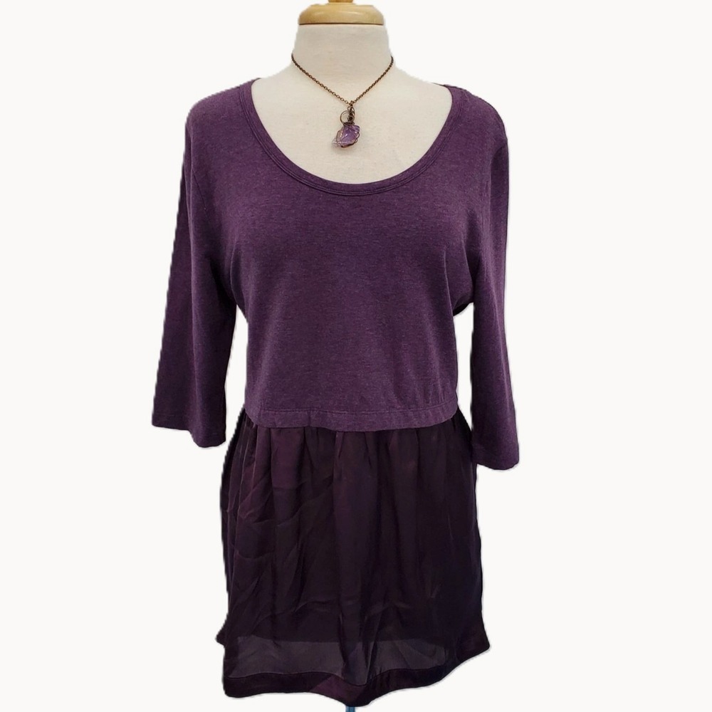 Soft Surroundings Womens L Purple Layered Tunic Top Sheer Hem Casual 3/4 Sleeve